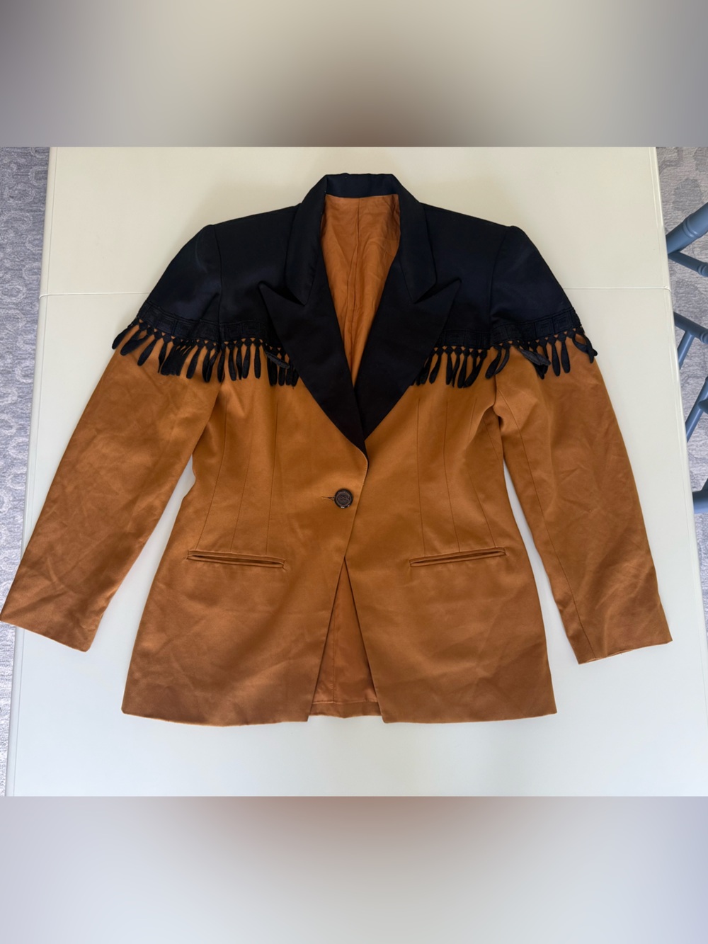 Womens Two-Tone Fringe Blazer Jacket in brown and Black
